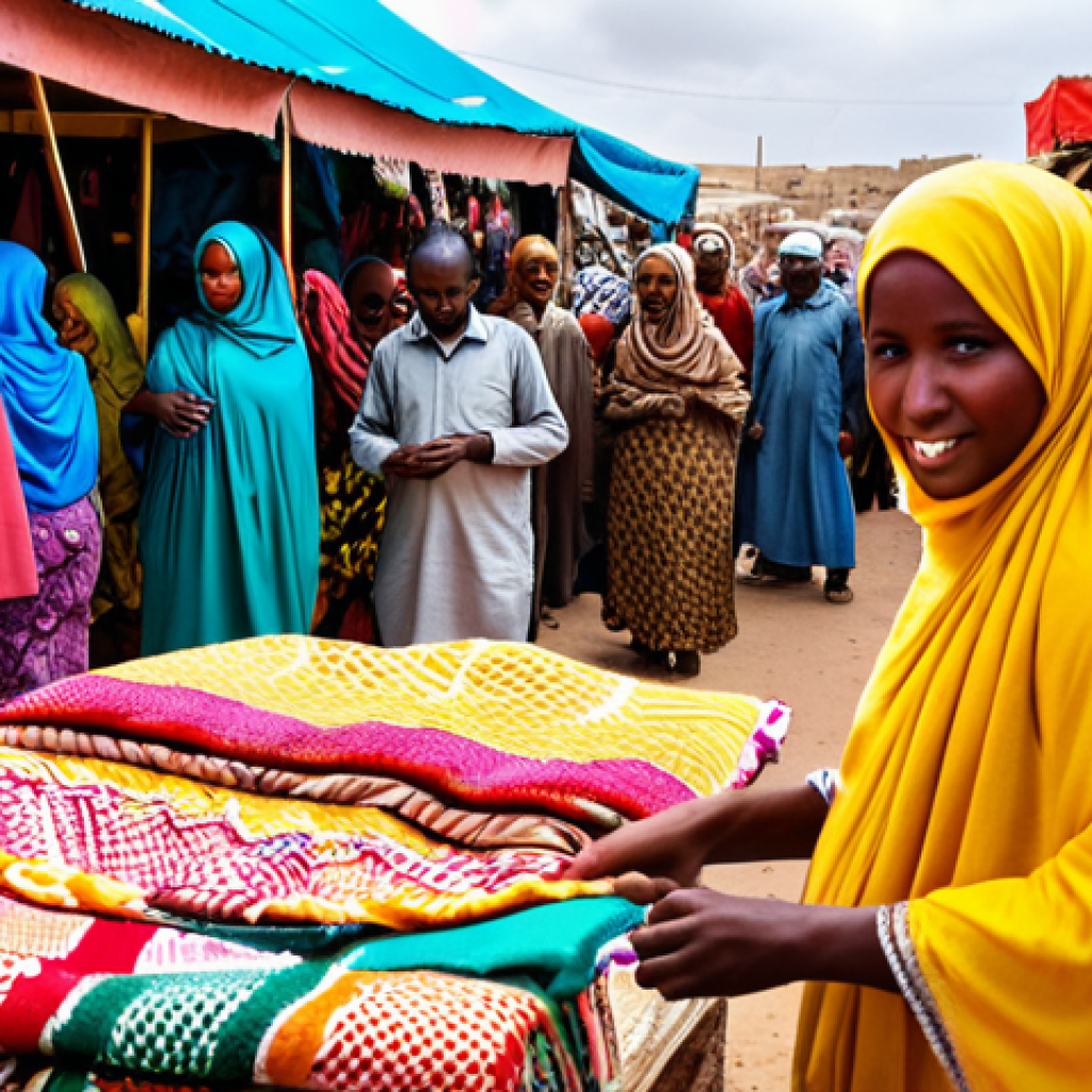 **

*   **Prompt:** A vibrant marketplace scene in Hargeisa, Somaliland. Focus on the bustling activity, colorful textiles, and the faces of resilient local entrepreneurs, showcasing the economic potential and stability of the region.

**