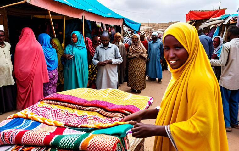 **

*   **Prompt:** A vibrant marketplace scene in Hargeisa, Somaliland. Focus on the bustling activity, colorful textiles, and the faces of resilient local entrepreneurs, showcasing the economic potential and stability of the region.

**
