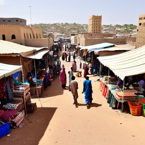 **

A bustling marketplace in Hargeisa, Somaliland. Focus on vibrant colors, showcasing local vendors selling goods, including electronics and textiles. In the background, modern buildings intermingle with traditional architecture. Capture the energy of the diaspora returning, with a focus on young entrepreneurs using smartphones for financial transactions. The overall feeling should be one of resilience and forward momentum, despite the lack of international recognition. Include subtle visual cues indicating technological advancement.

**