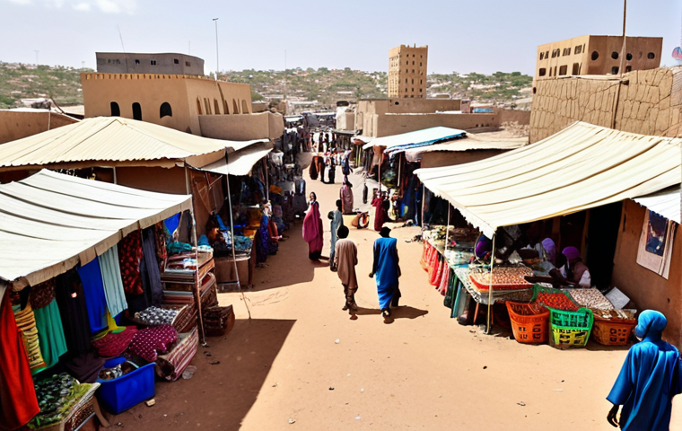 **

A bustling marketplace in Hargeisa, Somaliland. Focus on vibrant colors, showcasing local vendors selling goods, including electronics and textiles. In the background, modern buildings intermingle with traditional architecture. Capture the energy of the diaspora returning, with a focus on young entrepreneurs using smartphones for financial transactions. The overall feeling should be one of resilience and forward momentum, despite the lack of international recognition. Include subtle visual cues indicating technological advancement.

**