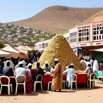 "A vibrant and bustling open-air currency exchange market in Hargeisa, Somaliland, featuring towering stacks of colorful Somaliland shillings piled like pyramids on improvised tables. Local money changers are seated behind their currency mountains, while people in traditional attire and yellow taxis create a dynamic background, reflecting the city's unique economic scene and resilient spirit under the warm sun."