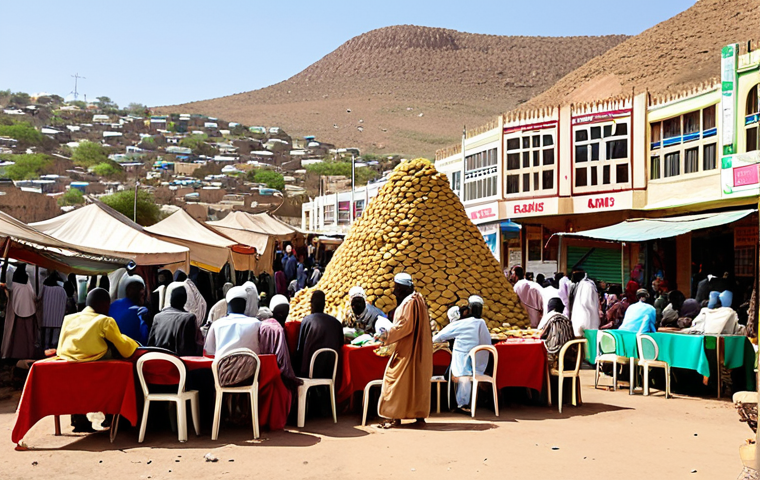 "A vibrant and bustling open-air currency exchange market in Hargeisa, Somaliland, featuring towering stacks of colorful Somaliland shillings piled like pyramids on improvised tables. Local money changers are seated behind their currency mountains, while people in traditional attire and yellow taxis create a dynamic background, reflecting the city's unique economic scene and resilient spirit under the warm sun."