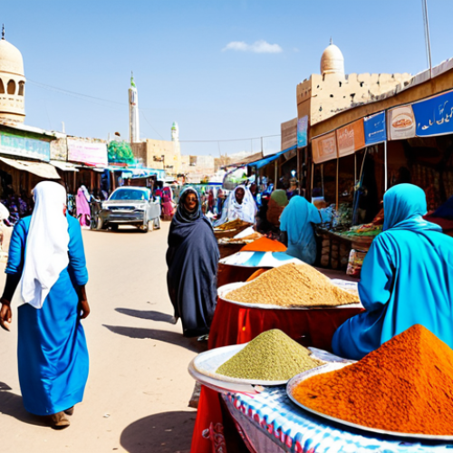 **

"A bustling marketplace scene in Hargeisa, Somaliland. Focus on vendors selling colorful textiles and spices. People are fully clothed in traditional Somali dress, modest attire. A beautiful mosque is visible in the background. Bright daylight, professional photography, high resolution, perfect anatomy, natural proportions, safe for work, appropriate content, family-friendly, professional."

**