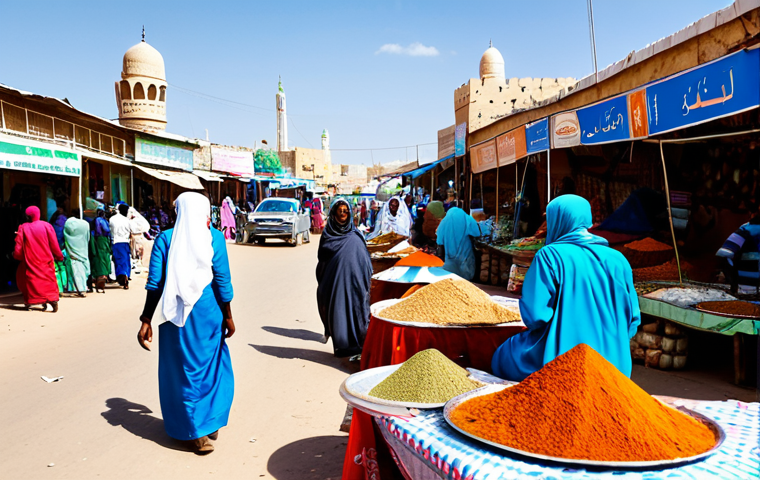 **

"A bustling marketplace scene in Hargeisa, Somaliland. Focus on vendors selling colorful textiles and spices. People are fully clothed in traditional Somali dress, modest attire. A beautiful mosque is visible in the background. Bright daylight, professional photography, high resolution, perfect anatomy, natural proportions, safe for work, appropriate content, family-friendly, professional."

**