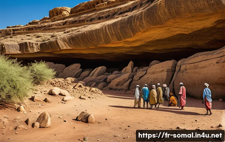 소말릴란드 가이드 투어 예약 - A panoramic view of the ancient Laas Geel rock art site in Somaliland at golden hour, showcasing vib...