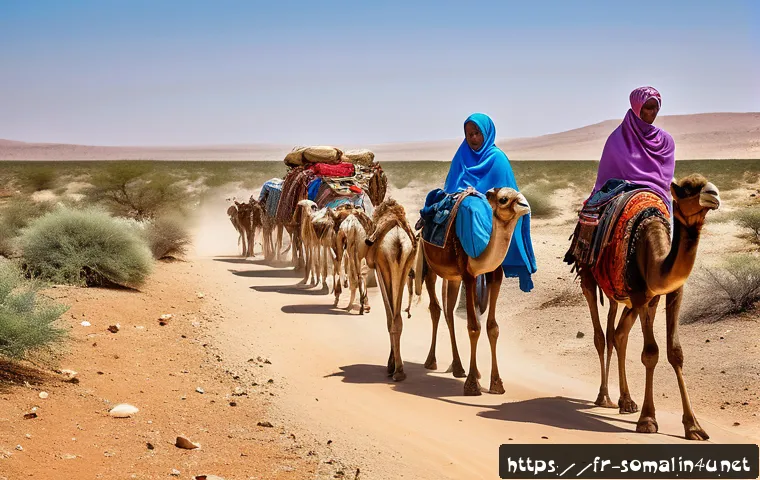 소말릴란드 유목민 생활 방식 - A detailed scene of Somaliland nomadic herders in traditional clothing, skillfully guiding their cam...