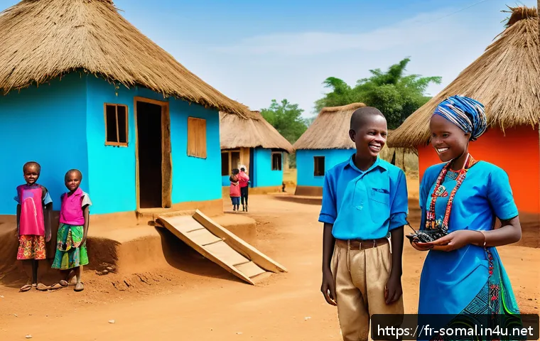 소말릴란드의 주요 통신사 - A vibrant rural village scene in West Africa showcasing newly installed modern mobile network antenn...