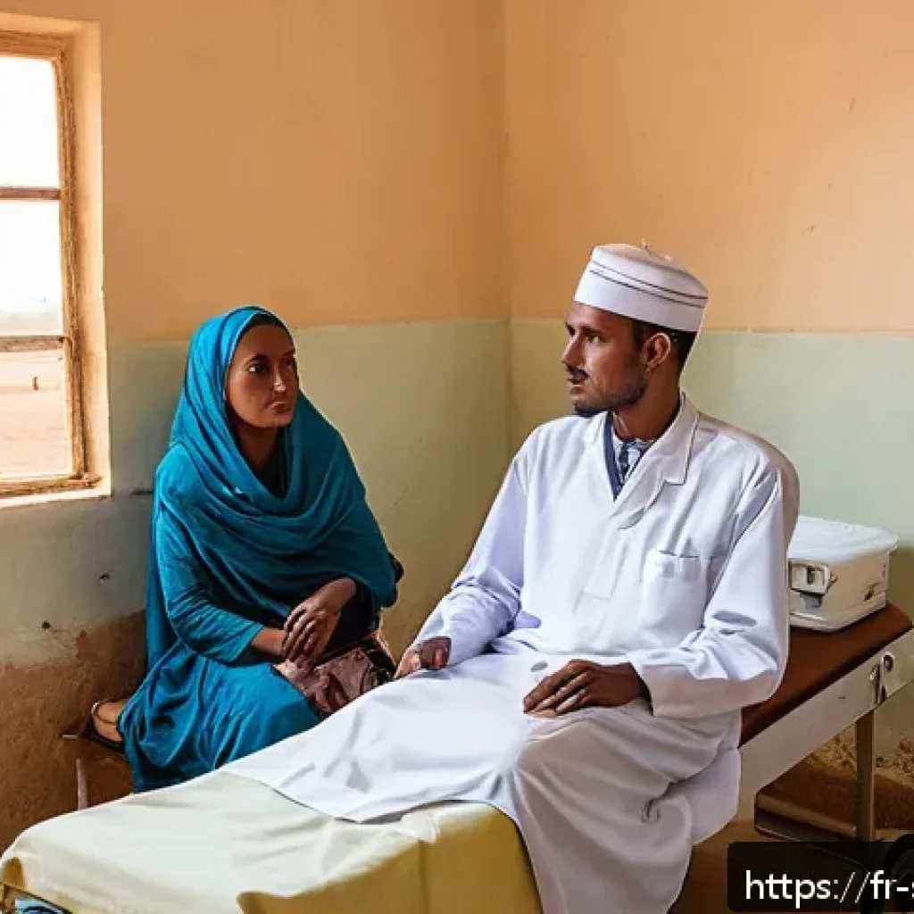 소말릴란드에서 여행 보험 필요성 - A detailed scene showing a traveler in Somaliland’s rural area visiting a modest local clinic: the c...
