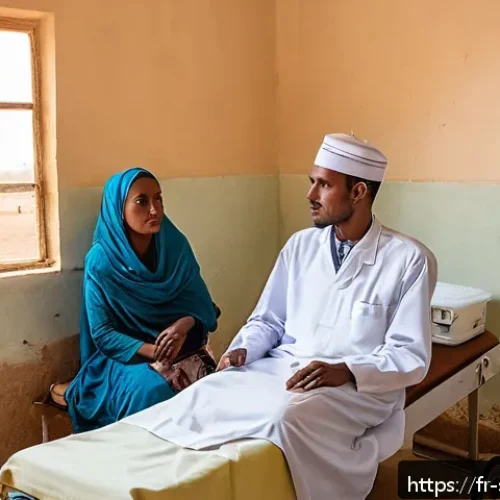 Home 33 소말릴란드에서 여행 보험 필요성 - A detailed scene showing a traveler in Somaliland’s rural area visiting a modest local clinic: the c...