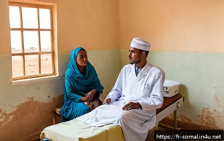 소말릴란드에서 여행 보험 필요성 - A detailed scene showing a traveler in Somaliland’s rural area visiting a modest local clinic: the c...