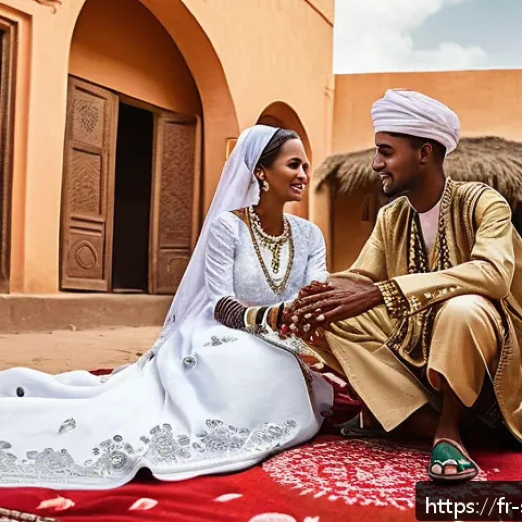 소말릴란드 결혼 풍습 - A vibrant traditional Somaliland wedding scene showing a bride and groom in richly embroidered cerem...