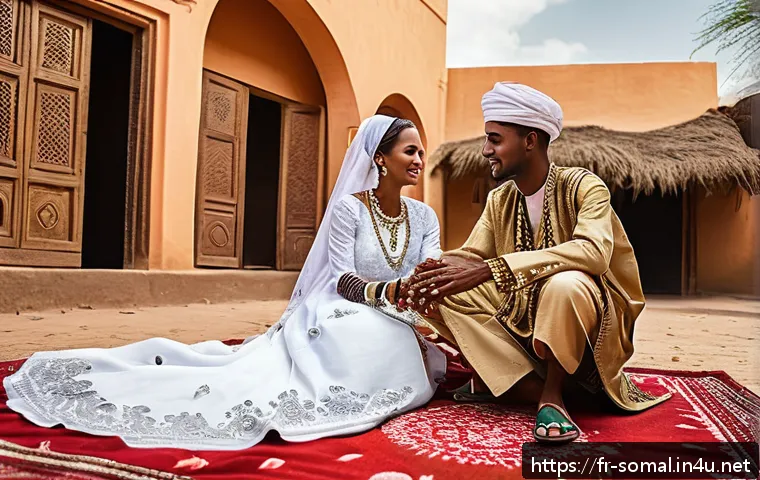 소말릴란드 결혼 풍습 - A vibrant traditional Somaliland wedding scene showing a bride and groom in richly embroidered cerem...