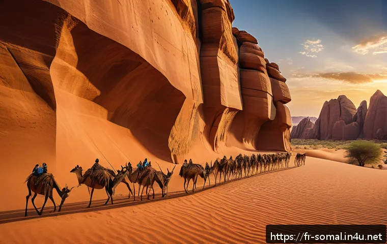 라스 게엘 암각화 - A detailed panoramic view of the Tassili n&rsquo;Ajjer rock formations at sunset, showcasing ancient prehi...