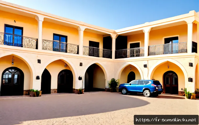 소말릴란드의 주요 숙박 시설 - Photorealistic exterior of a welcoming upscale hotel in Hargeisa, Somaliland, low-rise sandstone arc...